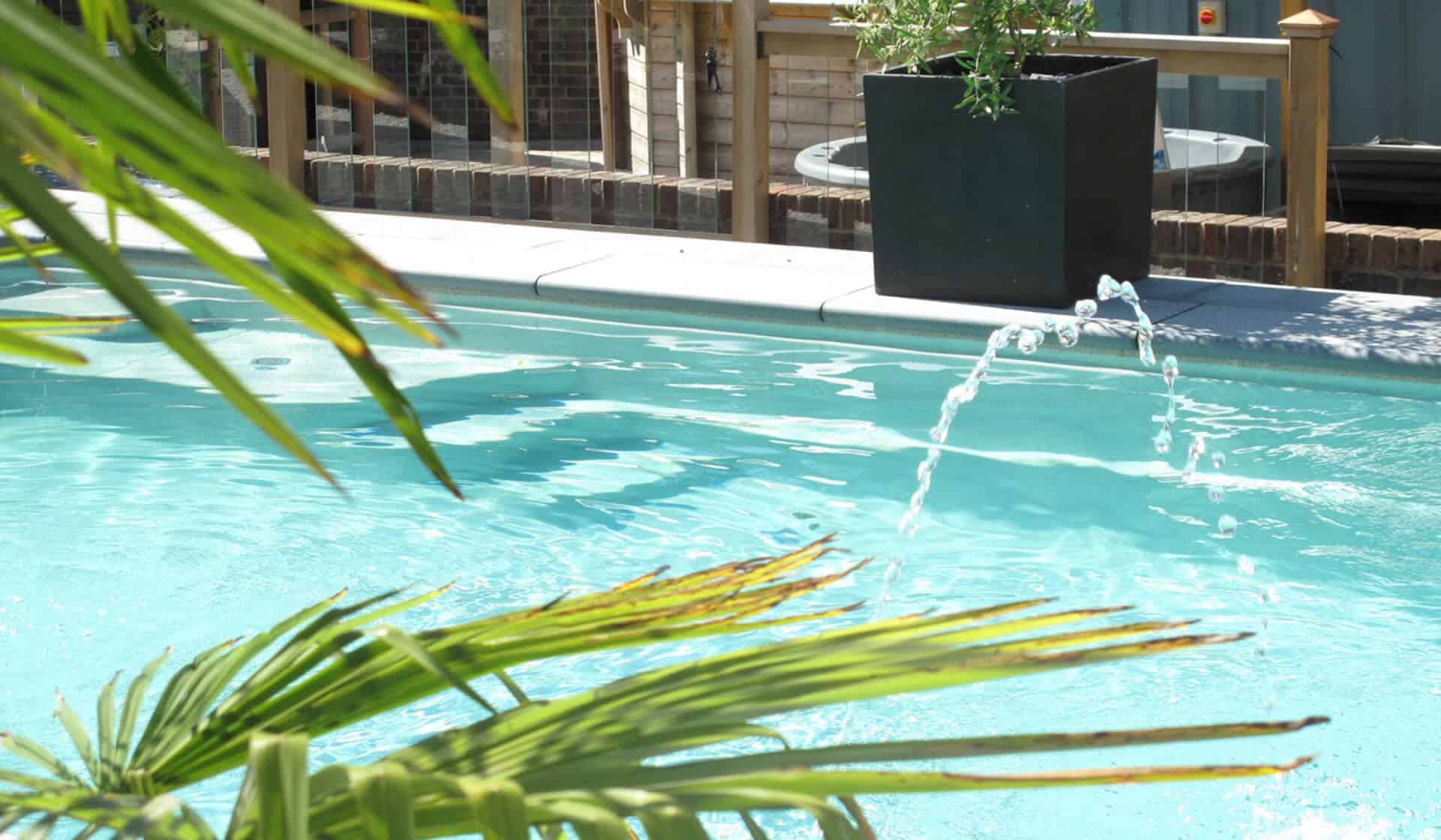 Modern garden pool with a gentle water feature surrounded by tropical plants and natural wood decking.