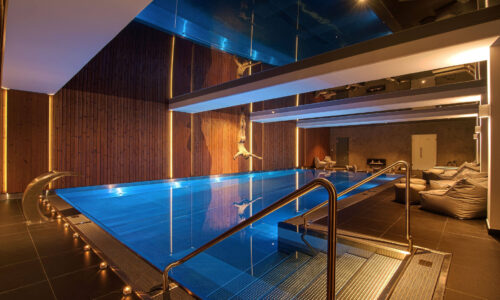 Luxury stainless steel indoor swimming pool with modern lighting.