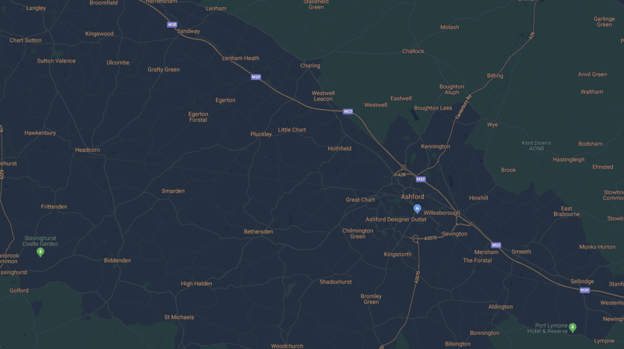 Map view of Ashford and surrounding villages highlighting key routes and landmarks.