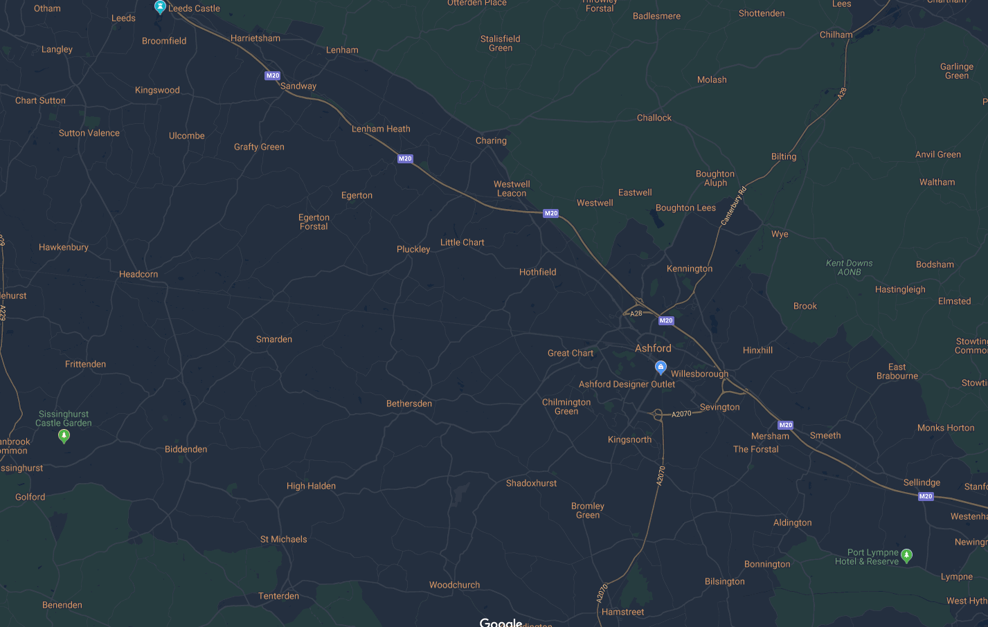 Map view of Ashford and surrounding villages highlighting key routes and landmarks.