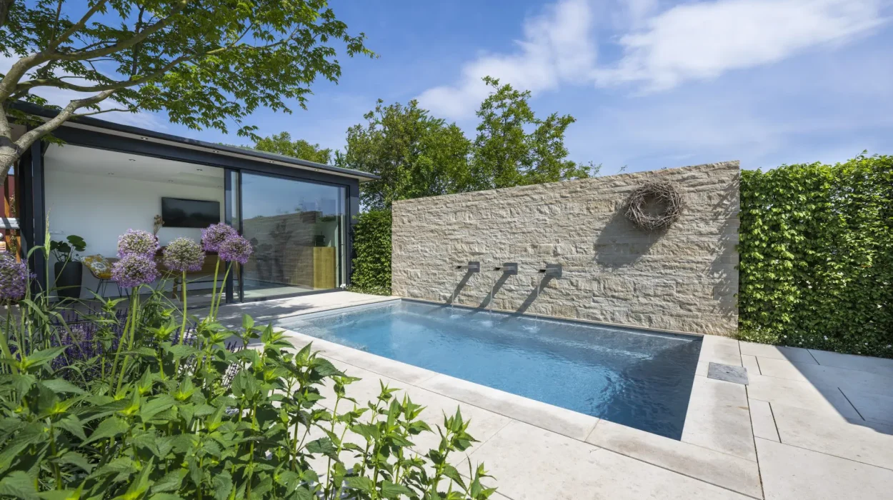 Small contemporary plunge pool with stone wall water features and a landscaped garden surrounding a modern home.